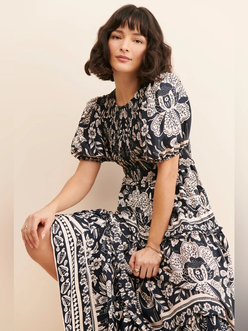 NWT FARM RIO GRAPHIC FLORAL DOVES SIGNATURE BLACK CREAM MAXI PRAIRIE DRESS SZ XS - Picture 9 of 13